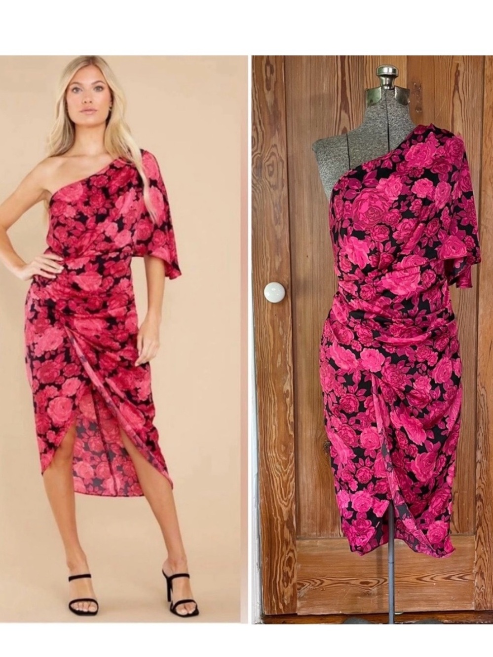NWT Do + Be Floral One Shoulder Roses Midi Tulip Dress - Size Small